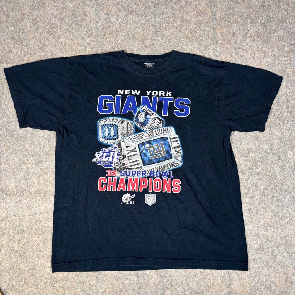 Reebok NY Giants T-Shirt Mens Large Black 3X Super Bowl Champions Rings NFL Tee